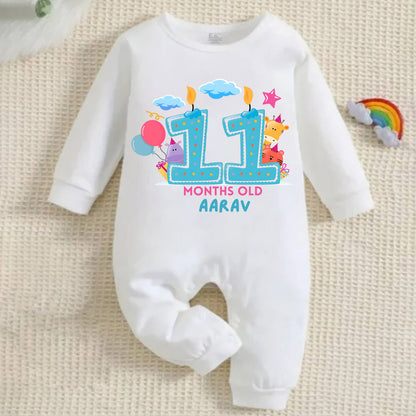 Infant monthly birthday 12 Months of Love Full White Onesie with customised baby name