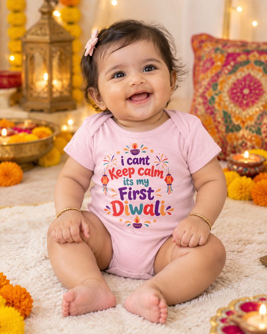 New Born | I Can't Keep Calm It's My First Diwali | Pure Cotton Pink  Onesie