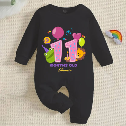 Infant monthly birthday 12 Months of Love Full Black Onesie with customised baby name