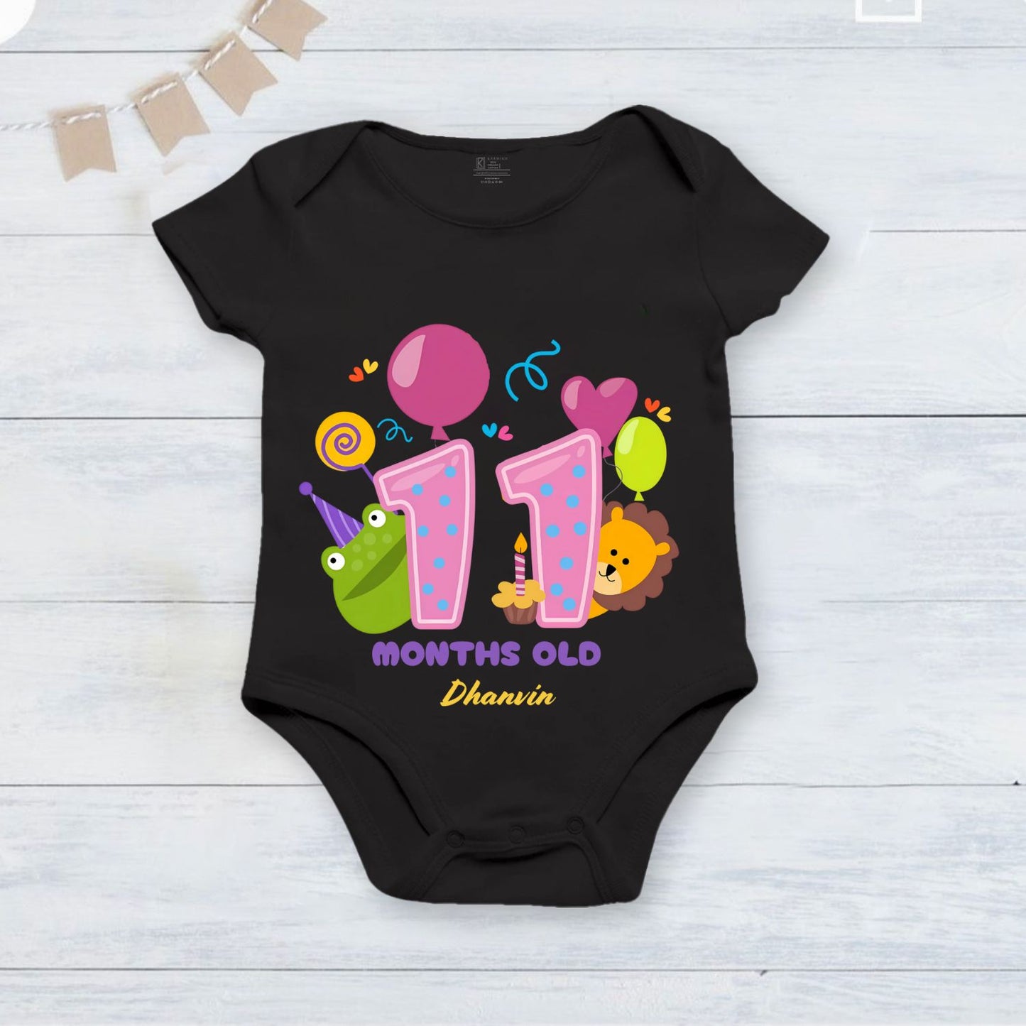 Infant monthly birthday_ With Customized Baby  Name Stylish Black Onesie