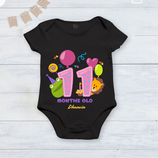 11th Infant monthly birthday_ With Customized Baby  Name Stylish Black Onesie
