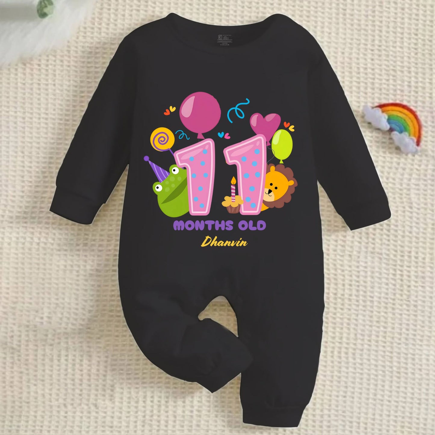11th Infant monthly birthday Months of Love Full Black Onesie with customized baby name