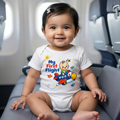 Karmikh My First Flight Baby Bodysuit | Cute Airplane Print Short Sleeve Cotton Onesie for Newborn Boys & Girls | Travel-Themed Baby Clothing | Sizes 0–3M to 9–12M