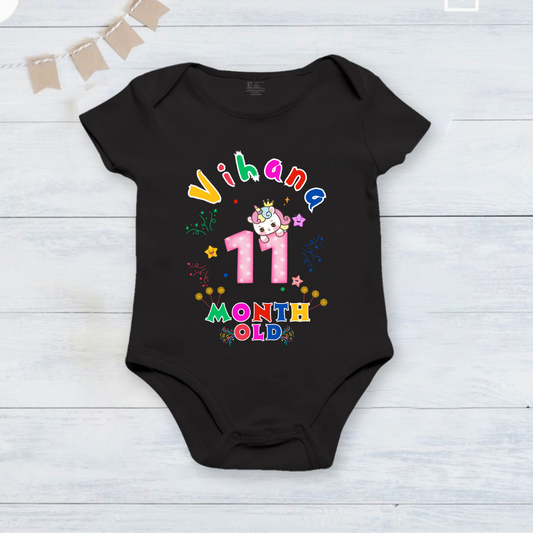 11th Infant monthly birthday_ With Customized Baby Name Stylish Black Onesies