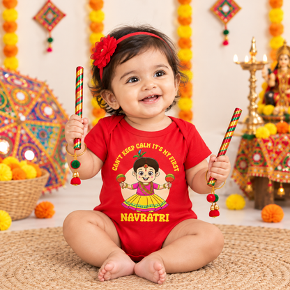 Can't Keep Calm Its My First Navratri _ Red Bodysuits