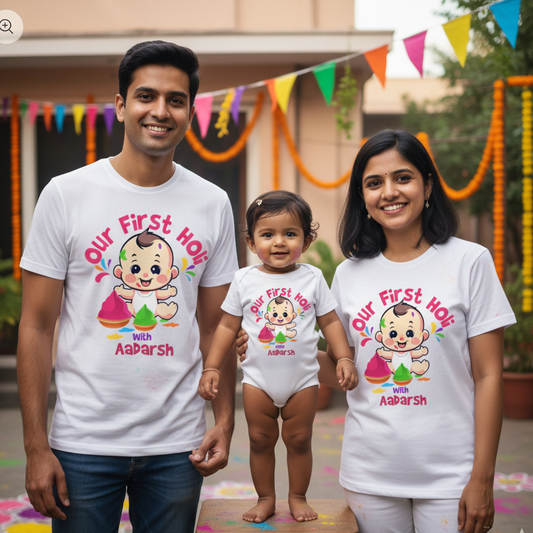 Matching My First Holi Family T-Shirts | Our First Holi With Customized Baby Name | Cotton Set