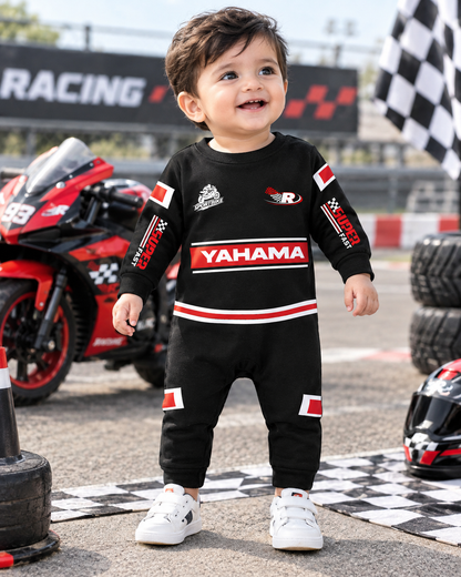 New Born & Baby clothing | Junior Racer – Signature Racing Romper with Customized Baby Name Printed | Soft Black Full Romper Cotton