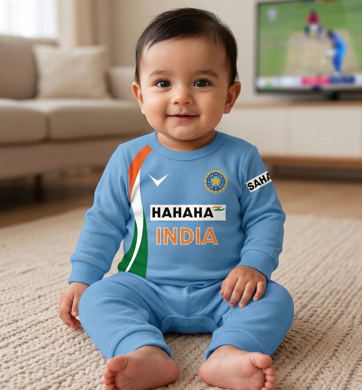Newborns & Infants | Cute Indian Jersey Baby Photoshoot Outfit With Customized Baby Name Blue Full | Soft Cotton