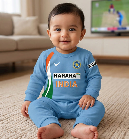 Newborns & Infants | Cute Indian Jersey Baby Photoshoot Outfit With Customized Baby Name Blue Full | Soft Cotton