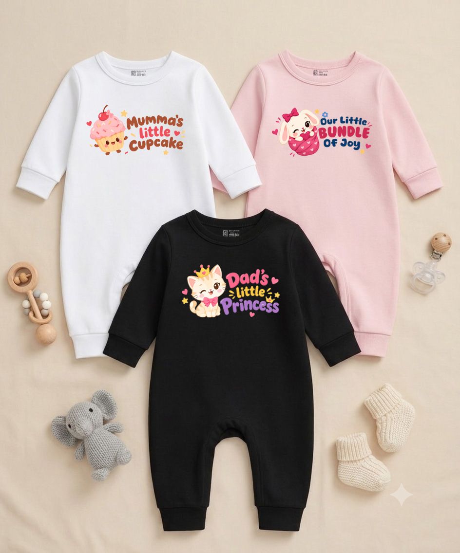 Karmikh Baby Romper Combo of 3 for Boys & Girls | Mumma’s Little Cupcake, Our Little Bundle of Joy & Dad’s Little Princess | Full Sleeve Baby Rompers | Sizes 0–3M to 9–12M