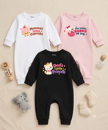 Karmikh Baby Romper Combo of 3 for Boys & Girls | Mumma’s Little Cupcake, Our Little Bundle of Joy & Dad’s Little Princess | Full Sleeve Baby Rompers | Sizes 0–3M to 9–12M