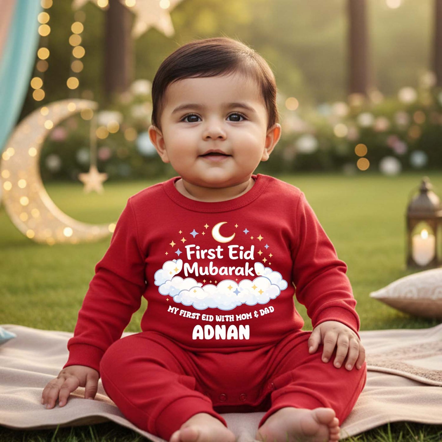 Newborn & Baby Clothing | Baby My First Eid Mubarak With Mom & Dad With Personalized Baby Name | Soft Cotton Red Romper