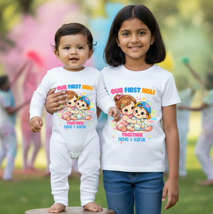 New Born & Baby Clothing | Our First Holi Together Siblings Twinning Holi Outfits With Customized Baby Name |  | Soft Cotton