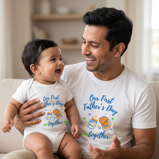 New Born & Baby Clothing | Our First Father's Day Together White T-shirt & Bodysuite Combo Design | Soft Cotton