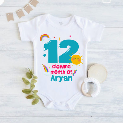 Infant monthly birthday with customized name 12 Months of Love and Happiness onesies