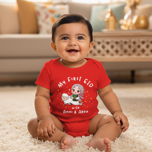 Newborn & Baby Clothing | Eid Mubarak Baby's First Eid with Ami & Abbu Red Dress | Soft Cotton