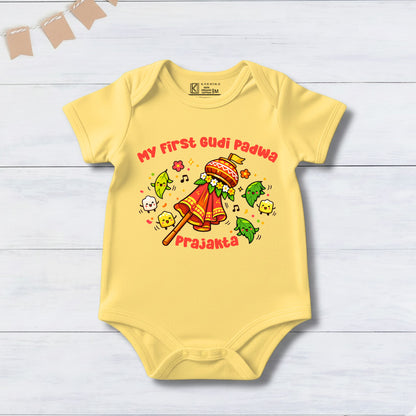 New Born & Baby Clothing | Baby’s First Gudi Padwa With Customized Baby Name Yellow Onesies | Soft Cotton