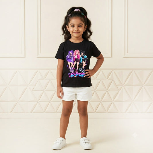 KPOP Anime Inspired Printed Kids' Black T-Shirt