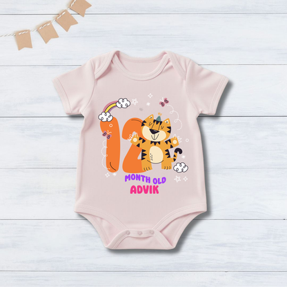 Infant monthly birthday 12 Months of Baby Tiger _ Customized name Pink Onesie