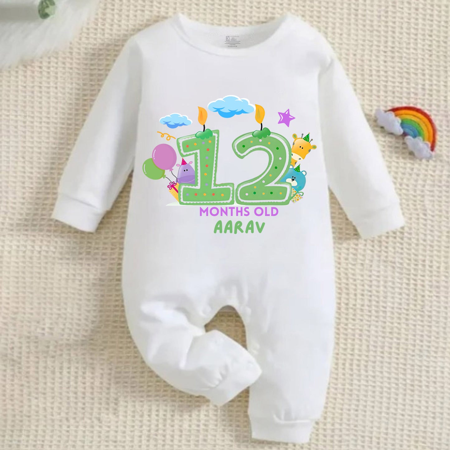 Infant monthly birthday 12 Months of Love Full White Onesie with customised baby name