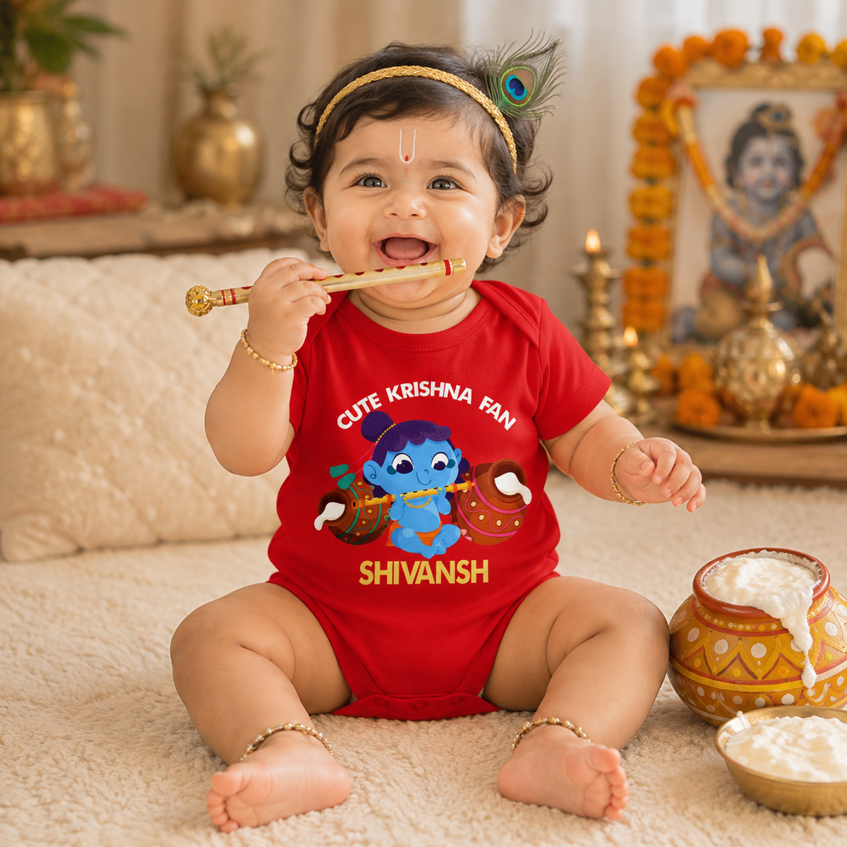 Cute Krishna Fan with customised name_Red Onesie