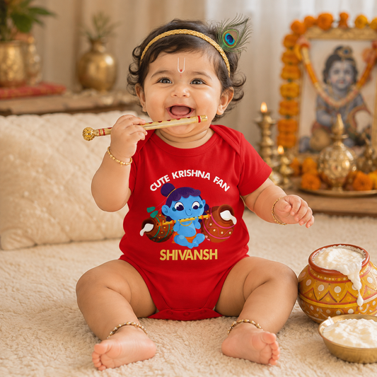 Cute Krishna Fan with customised name_Red Onesie