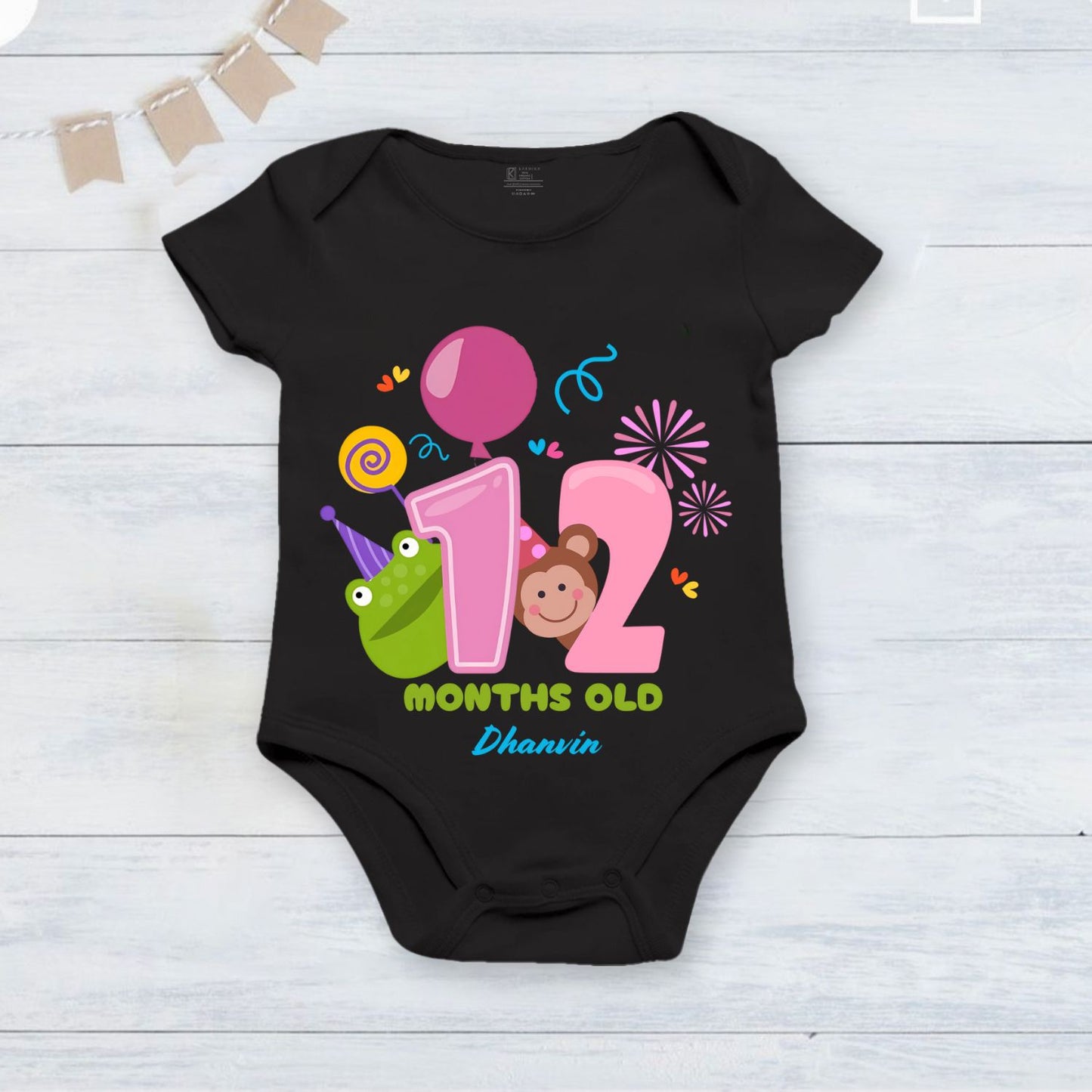 Infant monthly birthday_ With Customized Baby  Name Stylish Black Onesie