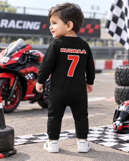 New Born & Baby clothing | Junior Racer – Signature Racing Romper with Customized Baby Name Printed | Soft Black Full Romper Cotton