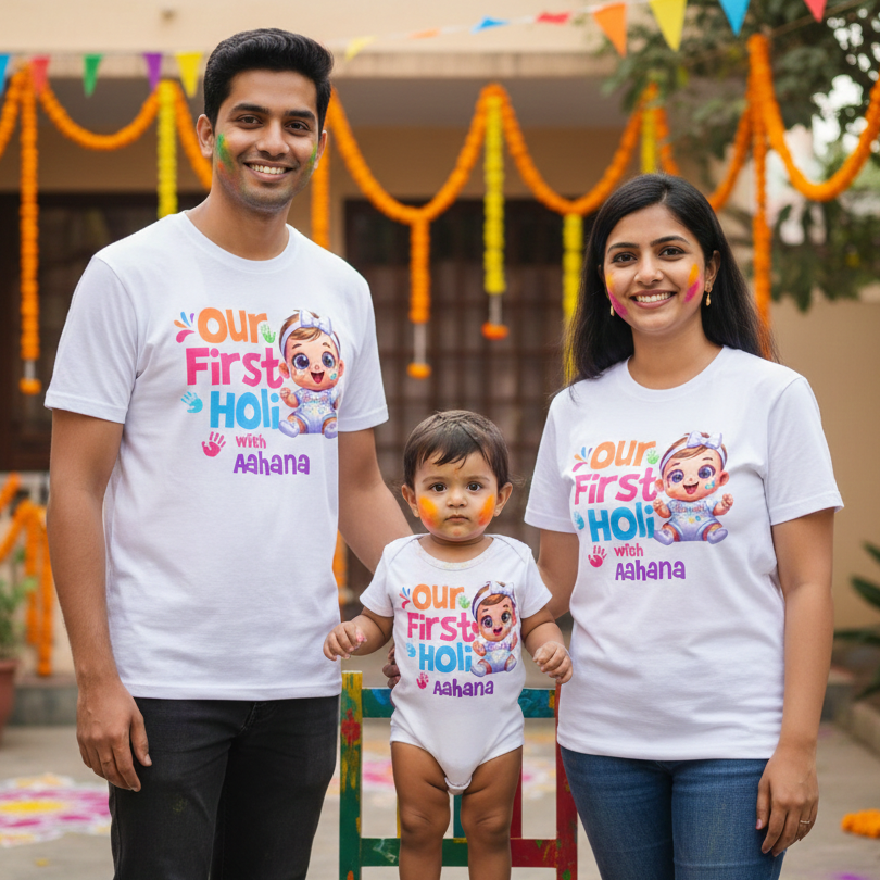 Matching My First Holi Family T-Shirts | With Customized Baby Girl Name Printed | Cotton Set