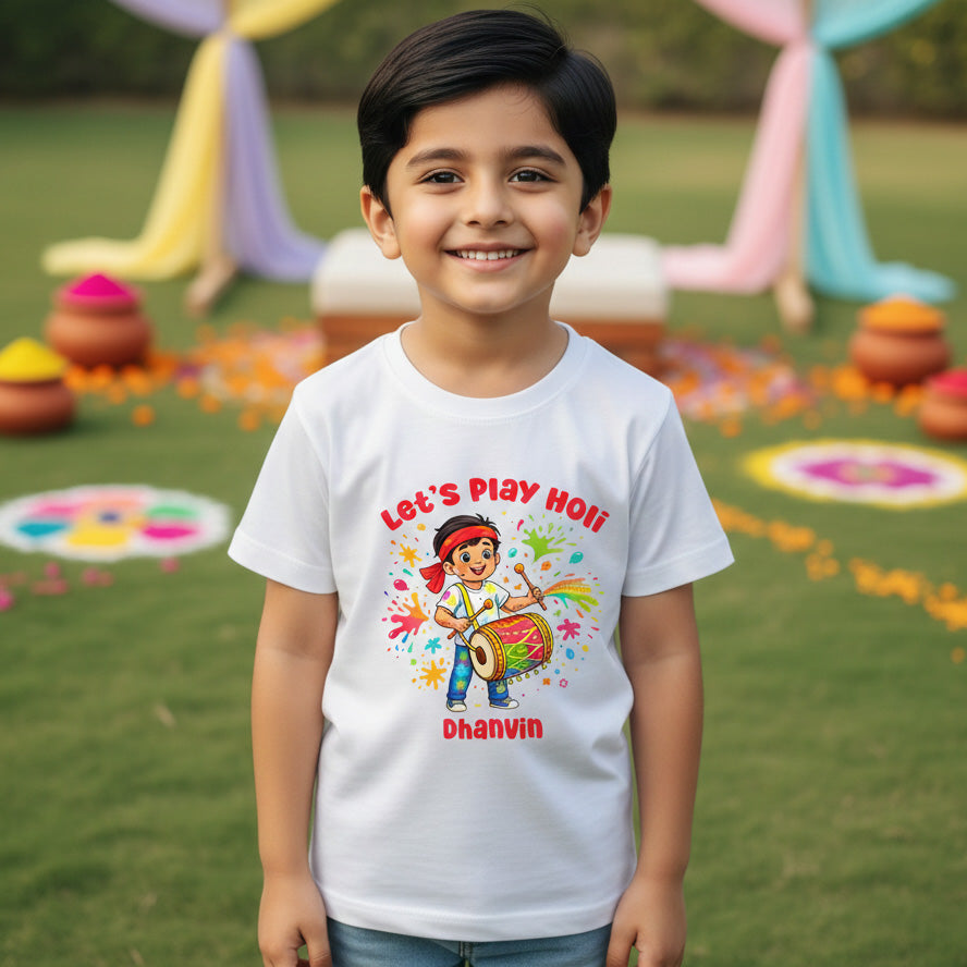 New Born & Baby Clothing | Let's Play Happy Holi Kid's T-shirt With Customized Kid Name | Soft Cotton