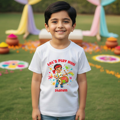 New Born & Baby Clothing | Let's Play Happy Holi Kid's T-shirt With Customized Kid Name | Soft Cotton