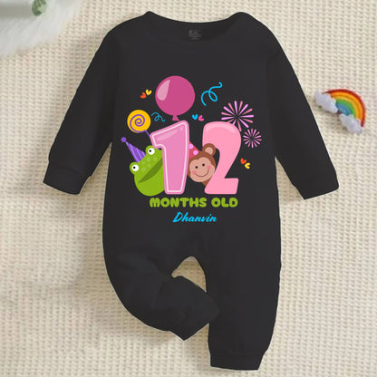 Infant monthly birthday Combo with customized name 12 Months of Love_ Black Full onesies