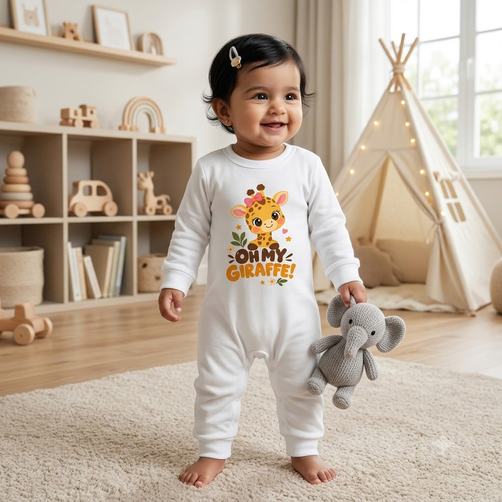 Karmikh Baby Romper |Oh My Giraffe Baby Romper – White 🦒🤍 | Full Romper