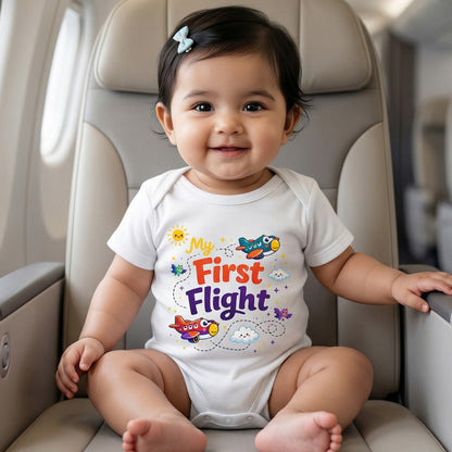 Karmikh My First Flight Baby Bodysuit | Cute Airplane Print Short Sleeve Cotton Onesie for Newborn Boys & Girls | Travel-Themed Baby Outfit | Sizes 0–3M to 9–12M