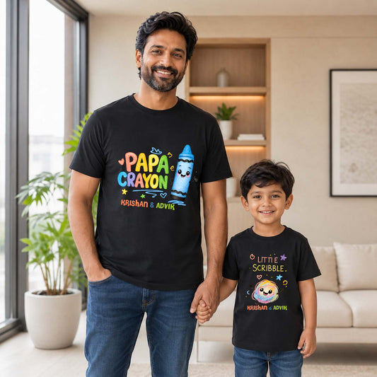 New Born & Baby Clothing | Papa Crayon & Little Scribble Together Father & Son Twinning Black Sets | Soft T-shirt