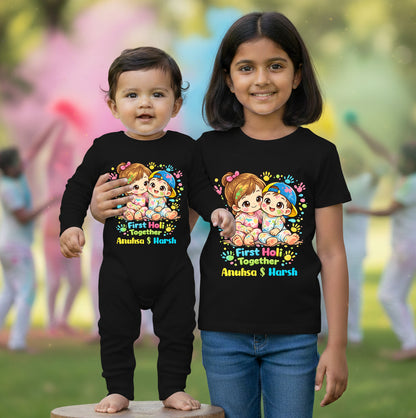 New Born & Baby Clothing | Our First Holi Together Siblings Black Twinning Holi  Outfits With Customized Baby Name |  | Soft Cotton