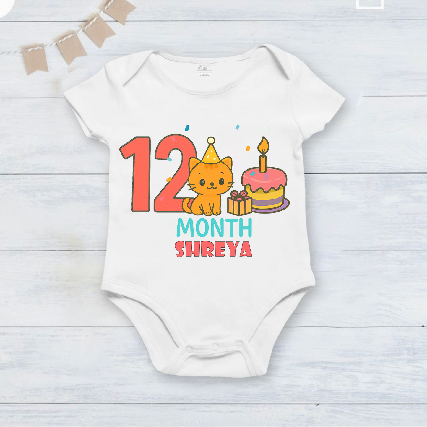 Infant monthly birthday 12 Months of Love cute cat design_ Customized name White Onesie