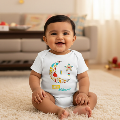 Newborn & Baby Clothing | Baby First Eid Mubarak | Soft White Dress Cotton