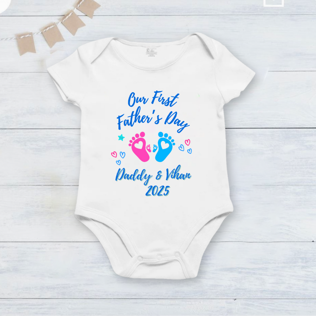 Our First Father's Day customized baby name footprint _white onesie
