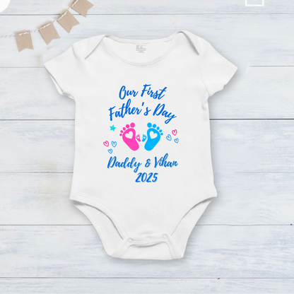 Our First Father's Day customized baby name footprint _white onesie