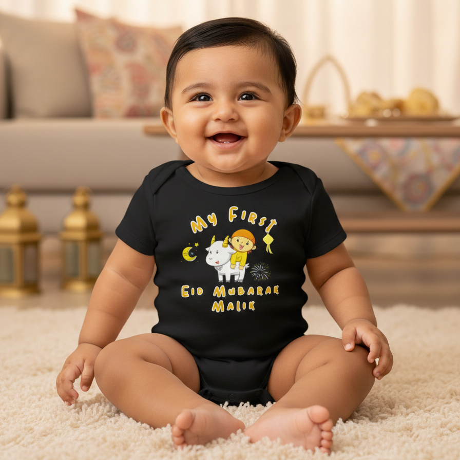 Newborn & Baby Clothing | Baby Blessed First Eid Mubarak Dress With Personalized Baby Boy Name | Soft Cotton