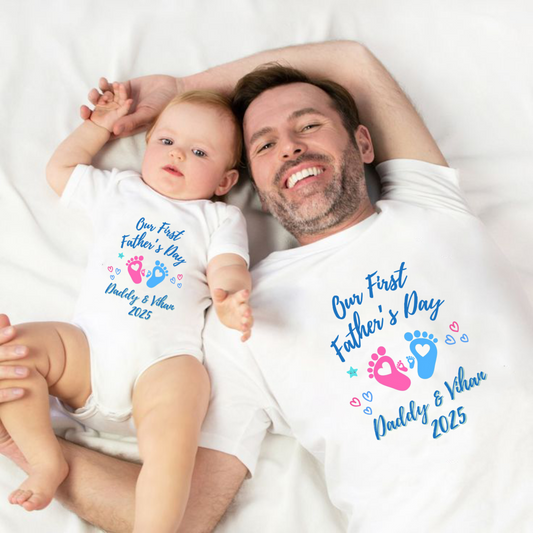 Our First Father's Day Twinning Sets Footprint T-shirt and onesie customized baby name _white