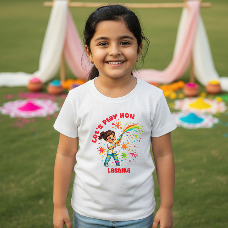 New Born & Baby Clothing | Let's Play Holi Kid's T-shirt With Customized Girl Kid Name | Soft Cotton