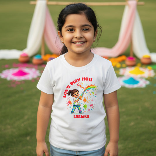 New Born & Baby Clothing | Let's Play Holi Kid's T-shirt With Customized Girl Kid Name | Soft Cotton