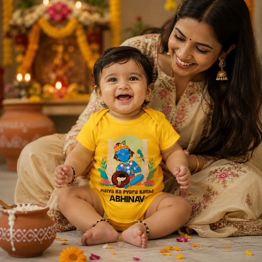 Maiya ka pyara kanha with customised baby name_ Yellow Onesie