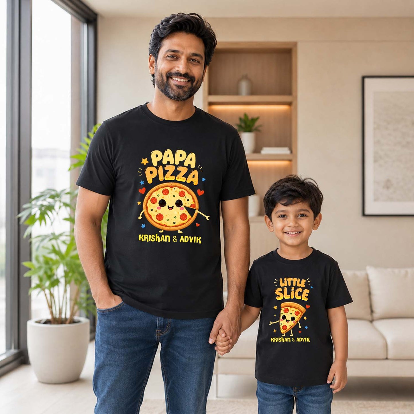 New Born & Baby Clothing | Papa Pizza & His Little Slice Together Father & Son Twinning Black Sets | Soft T-shirt