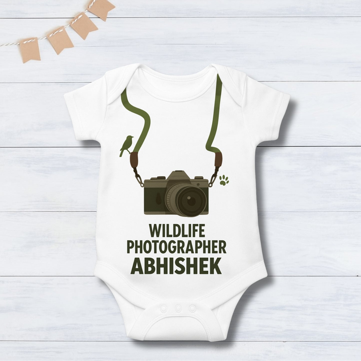 Professional Wildlife Photographer Romper with customized baby name_ White Romper