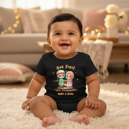 Newborn & Baby Clothing | Baby Eid Mubarak Baby's First Eid With Twins With Personalized Name Black Onesies | Soft Cotton
