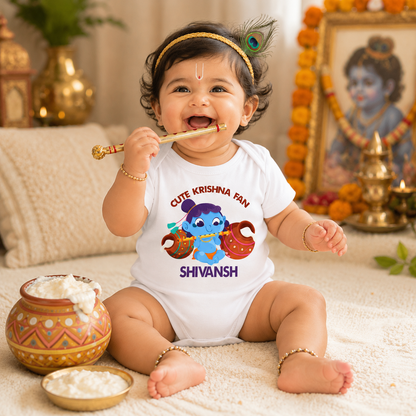 Cute Krishna Fan with customised baby name_White Onesie