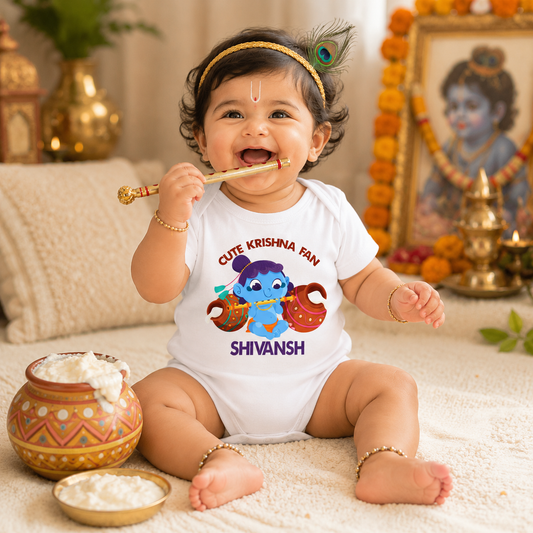 Cute Krishna Fan with customised baby name_White Onesie